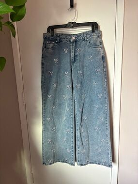 J for Justify Light Blue Wide-Leg Jeans with Pink Bow Embroidery